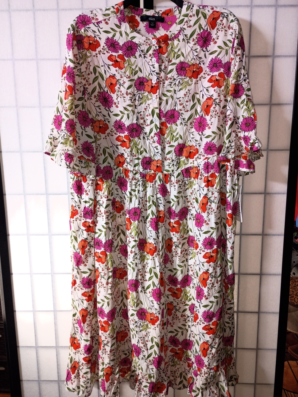 Ellos Floral Midi Empire Waist Dress in White with Pink & Orange Flowers